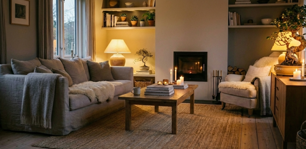 BoConcept salon w stylu skandynawskim z drzewkiem bonsai