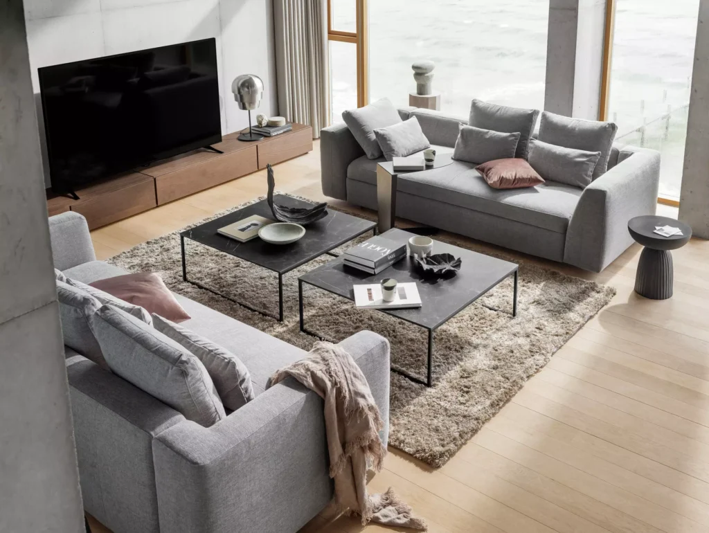 Szara sofa skandynawska w nowoczesnym salonie z telewizorem, stolikiem kawowym i minimalistyczną aranżacją