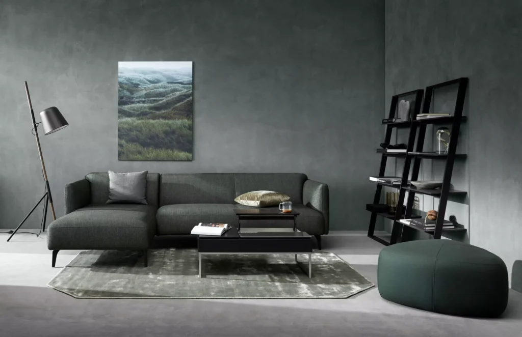 Ciemny salon w stylu skandynawskim z narożną sofą, regałem i minimalistycznymi dodatkami