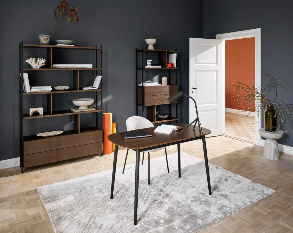 Meble modułowe regał i biurko w nowoczesnym home office styl skandynawski