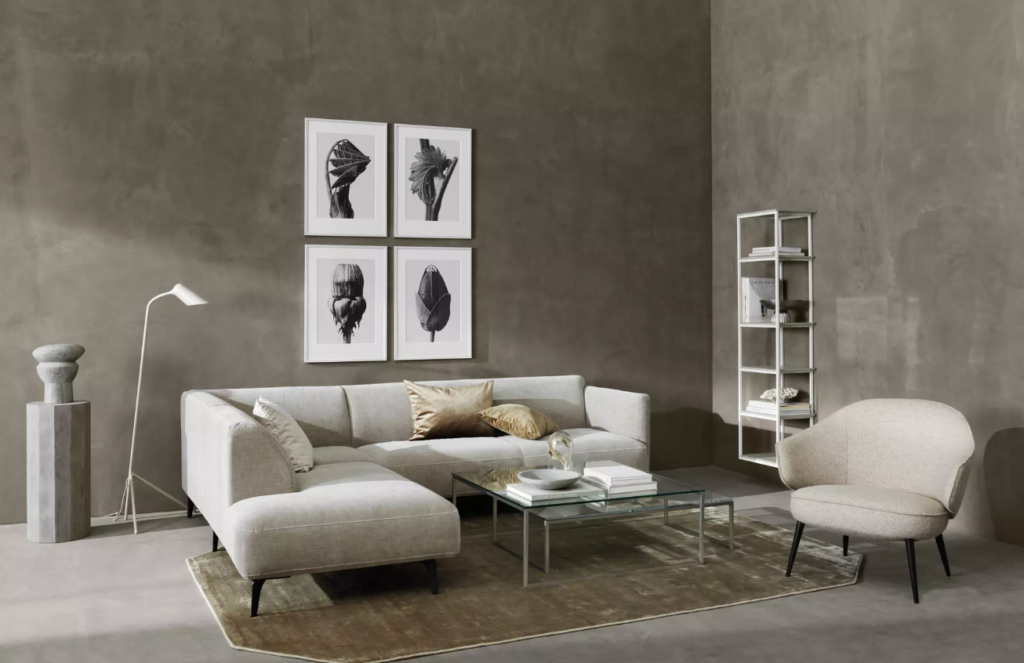 Sofa Modena z modułem wypoczynkowym w eleganckim salonie inspirowanym duńskim designem