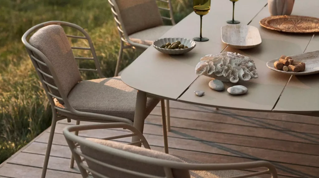 Kolekcja Cancún BoConcept - stół outdoor i krzesła z poduszkami na tarasie